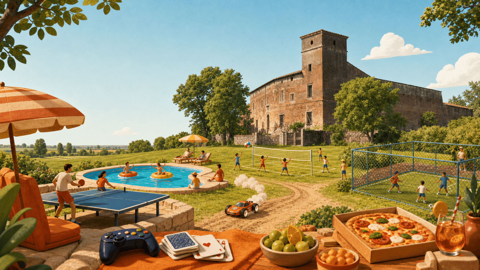 Illustrazione estiva della Rocca con piscina, sport, pizza e giochi