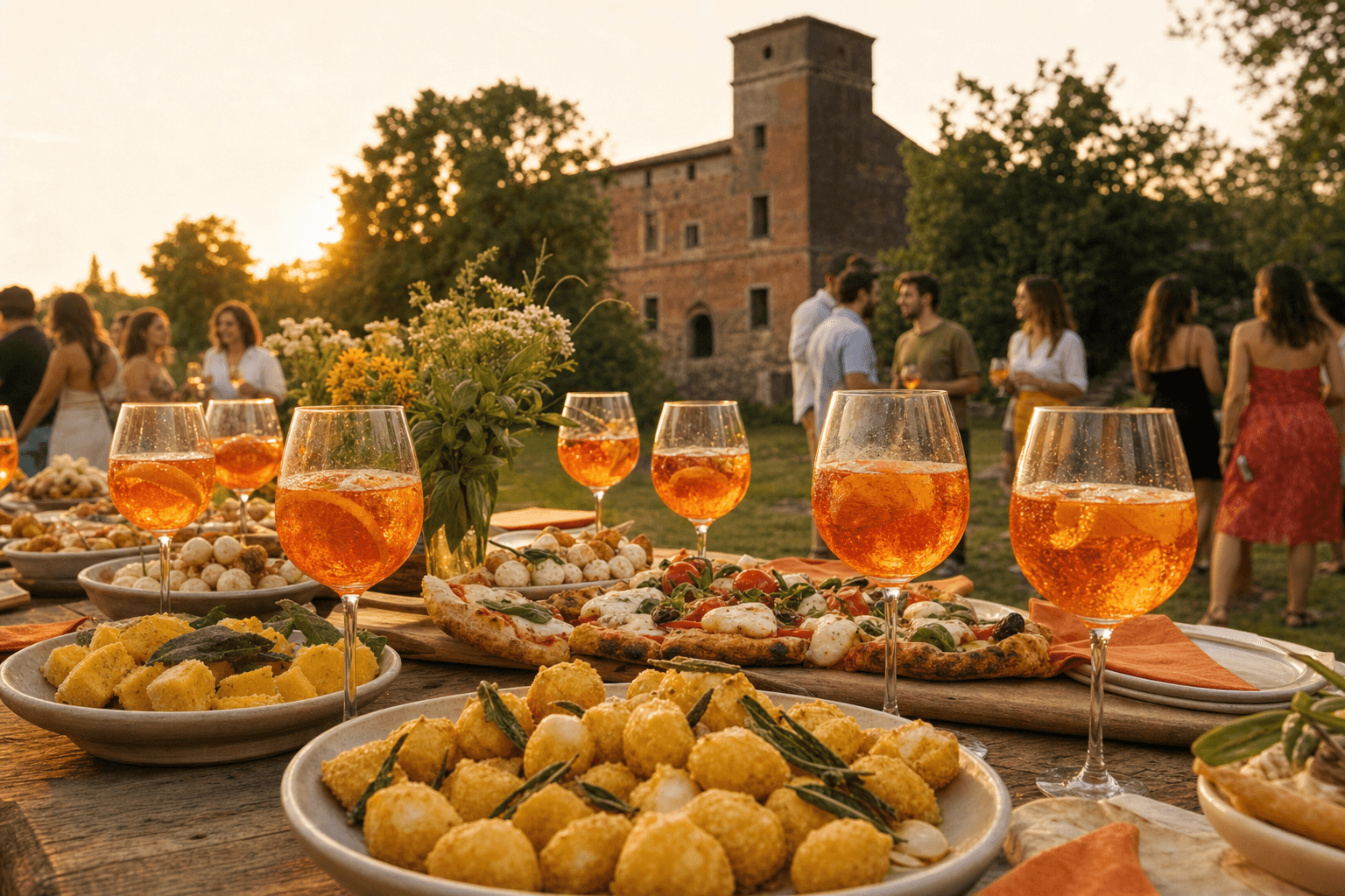 Visual AI di una tavolata con pizza, fritti e spritz davanti alla Rocca