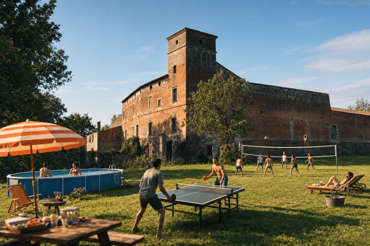 Visual AI di piscina, ping pong e pallavolo sul prato della Rocca